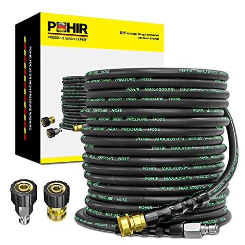 POHIR Pressure Washer Hose 70ft, 4200 psi High Power Washing Hose Kink Resistant with 3/8 Quick Connect, Steel Wire Braided Hose for Pressure Washer, Heavy Duty Power Hose with M22 to 3/8 Adapter 2pcs