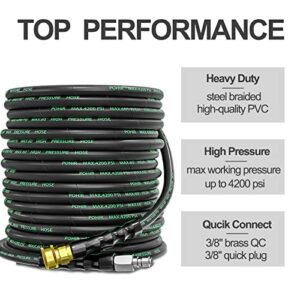 POHIR Pressure Washer Hose 70ft, 4200 psi High Power Washing Hose Kink Resistant with 3/8 Quick Connect, Steel Wire Braided Hose for Pressure Washer, Heavy Duty Power Hose with M22 to 3/8 Adapter 2pcs