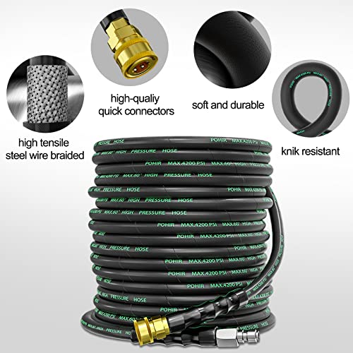 POHIR Pressure Washer Hose 70ft, 4200 psi High Power Washing Hose Kink Resistant with 3/8 Quick Connect, Steel Wire Braided Hose for Pressure Washer, Heavy Duty Power Hose with M22 to 3/8 Adapter 2pcs