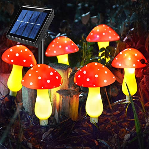 Abkshine New Upgraded Set of 6 Red Solar Mushroom Lights Garden Outdoor Decor, 8 Modes Waterproof Mushroom Solar Lights for Garden Pathway Landscape Yard Easter Pathway Halloween Xmas Decorations