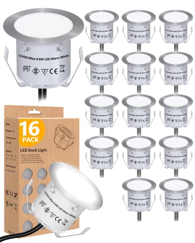 HIBOITEC Recessed LED Deck Light Kits(16 Pack), 12V Low Voltage Landscape Lighting, IP67 Waterproof Outdoor Step Stair Lights, Deck Lighting for Garden,Yard Steps,Stair,Patio,Floor,Decoration, White