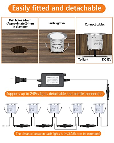 HIBOITEC Recessed LED Deck Light Kits(16 Pack), 12V Low Voltage Landscape Lighting, IP67 Waterproof Outdoor Step Stair Lights, Deck Lighting for Garden,Yard Steps,Stair,Patio,Floor,Decoration, White