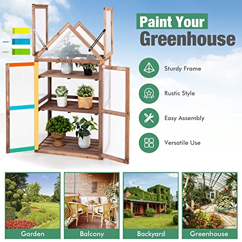 Giantex 3-Tier Garden Cold Frame, Portable Wooden Mini Greenhouse Storage Shelves, Transparent Flip-Top Roof, Indoor & Outdoor Raised Flower Planter for Garden, Patio, Balcony