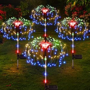 e-kong outdoor solar garden lights 4 pack, upgraded 124 leds outdoor lights for patio, solar fireworks light with 2 modes, ip65 waterproof, solar pathway lights for yard, garden, walkway (colorful)