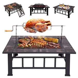 37 inch fire pit with grill, outdoor fire pit table, wood burning firepit with spark screen for backyard garden patio picnic