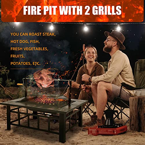 37 Inch Fire Pit with Grill, Outdoor Fire Pit Table, Wood Burning Firepit with Spark Screen for Backyard Garden Patio Picnic