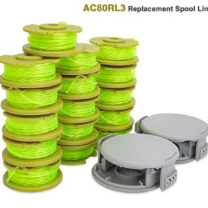 AC80RL3 String Trimmer Replacement Spool Compatible with Ryobi One Plus+ 18v 24v 40v Auto-Feed Cordless Trimmers, 11ft 0.08inch Spool Refills for Ryobi Weed Wacker String (16 Spools, 4 Caps)