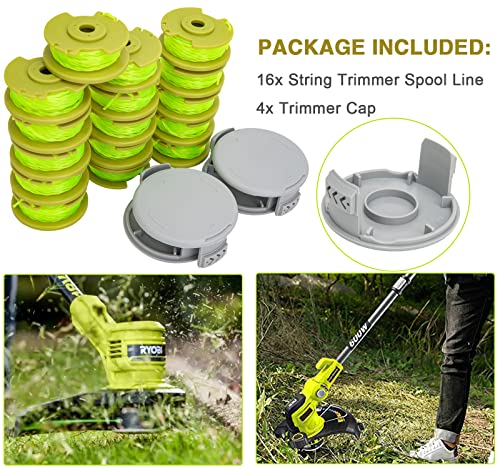 AC80RL3 String Trimmer Replacement Spool Compatible with Ryobi One Plus+ 18v 24v 40v Auto-Feed Cordless Trimmers, 11ft 0.08inch Spool Refills for Ryobi Weed Wacker String (16 Spools, 4 Caps)