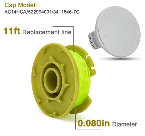 AC80RL3 String Trimmer Replacement Spool Compatible with Ryobi One Plus+ 18v 24v 40v Auto-Feed Cordless Trimmers, 11ft 0.08inch Spool Refills for Ryobi Weed Wacker String (16 Spools, 4 Caps)