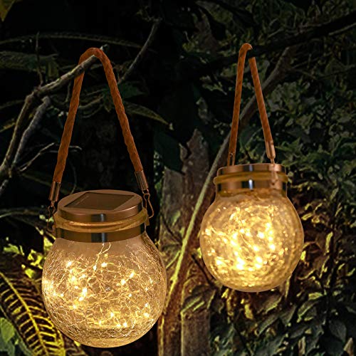 Solar Hanging Lanterns Outdoor Waterproof, Table Lamps Decorative Cracked Glass Jar 30 LED Lights for Garden Tree Court Yard Patio Pathway Christmas Day Holiday Party Decoration (2, Warm Light)