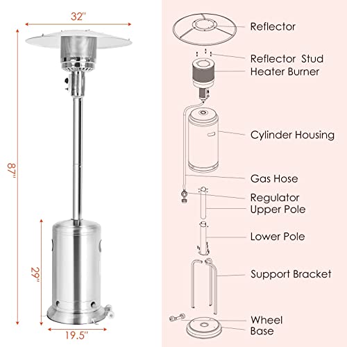 ARLIME Patio Heater Outdoor, 48000 BTU Gas Patio Heater with Trip-over Protection & CSA Certified, Stainless Steel Outdoor Propane Heater with Wheels for Yard, Garden, Party Commercial Restaurant