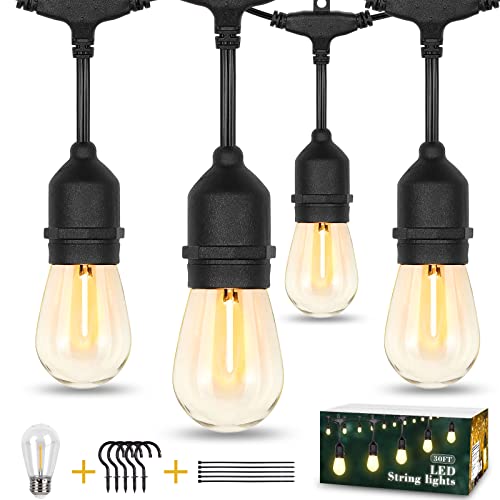 30FT Outdoor String Lights, 2700K Outdoor Lights for Patio Lights with S14 Shatterproof LED Bulb, Waterproof Connectable Hanging String Lights for Bistro Garden Porch Party Wedding, E26 Socket Base