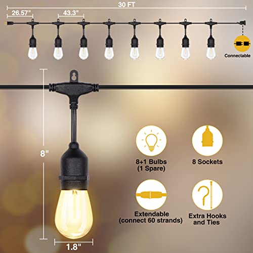 30FT Outdoor String Lights, 2700K Outdoor Lights for Patio Lights with S14 Shatterproof LED Bulb, Waterproof Connectable Hanging String Lights for Bistro Garden Porch Party Wedding, E26 Socket Base