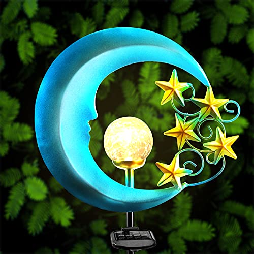 TOMBABY Solar Metal Star Moon Garden Lights -Crackle Glass Globe Outdoor Yard Stake for Lawn, Pathway, Patio or Courtyard