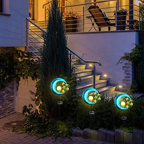 TOMBABY Solar Metal Star Moon Garden Lights -Crackle Glass Globe Outdoor Yard Stake for Lawn, Pathway, Patio or Courtyard