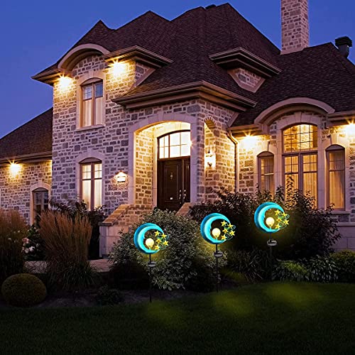 TOMBABY Solar Metal Star Moon Garden Lights -Crackle Glass Globe Outdoor Yard Stake for Lawn, Pathway, Patio or Courtyard