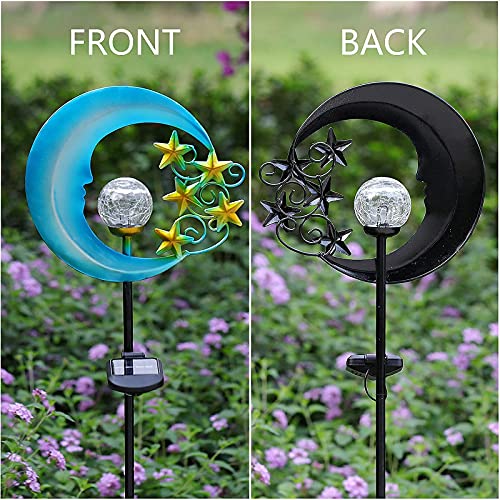 TOMBABY Solar Metal Star Moon Garden Lights -Crackle Glass Globe Outdoor Yard Stake for Lawn, Pathway, Patio or Courtyard