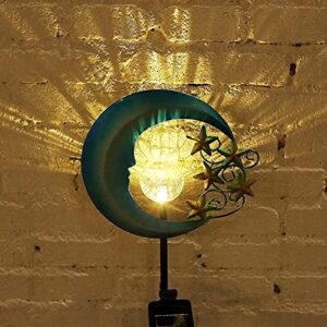 TOMBABY Solar Metal Star Moon Garden Lights -Crackle Glass Globe Outdoor Yard Stake for Lawn, Pathway, Patio or Courtyard