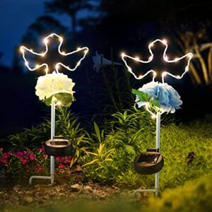 MIBUNG 2 Pack Solar Cross Garden Stake Lights with Flowers, 16 Inch Metal Angel Wings Cross Decorative Lawn Yard Stakes Outdoor Decor, Cemetery Gravesites Decorations Grave Markers, Memorial Gifts