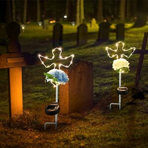 MIBUNG 2 Pack Solar Cross Garden Stake Lights with Flowers, 16 Inch Metal Angel Wings Cross Decorative Lawn Yard Stakes Outdoor Decor, Cemetery Gravesites Decorations Grave Markers, Memorial Gifts