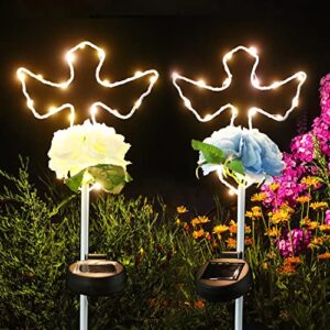 MIBUNG 2 Pack Solar Cross Garden Stake Lights with Flowers, 16 Inch Metal Angel Wings Cross Decorative Lawn Yard Stakes Outdoor Decor, Cemetery Gravesites Decorations Grave Markers, Memorial Gifts