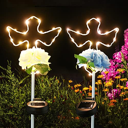 MIBUNG 2 Pack Solar Cross Garden Stake Lights with Flowers, 16 Inch Metal Angel Wings Cross Decorative Lawn Yard Stakes Outdoor Decor, Cemetery Gravesites Decorations Grave Markers, Memorial Gifts