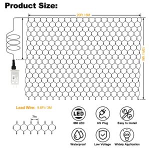 20ft x 13ft Christmas Net Lights Outdoor Mesh Lights - 660 LED Waterproof 8 Modes Remote Timer Dimmable Ceiling Fairy Blanket Lights Plug In for Canopy Roof Wall Bush Lawn Yard Garden (Warm White)