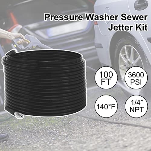 M MINGLE Sewer Jetter Kit for Pressure Washer, 1/4 Inch NPT, 100 Feet Hose, Button Nose and Rotating Sewer Jetting Nozzle, Orifice 4.0, 4.5, Pressure 3600 PSI