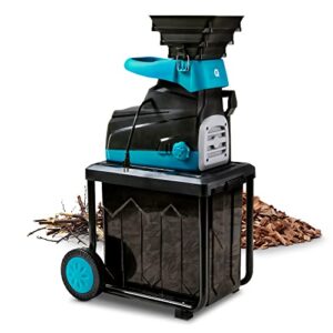 g garden wood chipper electric quiet silent 1.5-1.7 inch max branch capacity 14.5-amp 1800watt 120vac 17:1 reduction ratio with 40l collection bin use for fire prevention building and firebreaks