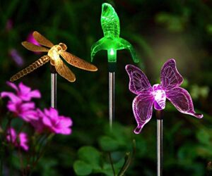 solar stake lights outdoor – 3 pcs multi-color changing led garden lights dragonfly, butterfly & hummingbird, outdoor solar garden lights decorative for path, yard, lawn, patio,driveway,garden