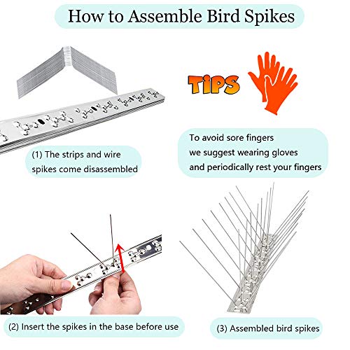 PANGCH Bird Spikes for Pigeons Small Birds,Stainless Steel Bird Spikes -No More Bird Nests & Poop-Disassembled Spikes 28 Strips 30.33 Feet Coverage