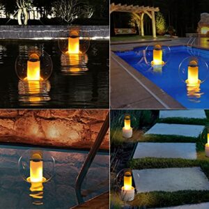 Pool Chlorine Floater, Chlorine Dispenser with Solar Pool Lights Ball, Extra-large Capacity Chemical Bromine Holder of 4* 3"Chlorine Tablets with Flame Solar Lights Outdoor for Spa/Hot Tub/Pool/Garden