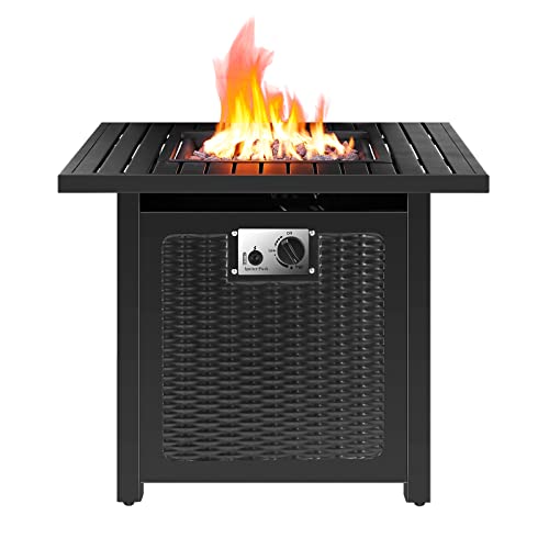 Arlopu Gas Fire Table, 28.5''/30.5'' 50,000 BTU Propane Square Fire Pit Bowl, 2-in-1 Patio Fireplace W/ ETL Certification, Lid, Rainproof Cover, Auto-Ignition, Lava Rock, for Outdoor/Garden (30)