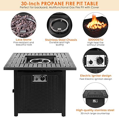 Arlopu Gas Fire Table, 28.5''/30.5'' 50,000 BTU Propane Square Fire Pit Bowl, 2-in-1 Patio Fireplace W/ ETL Certification, Lid, Rainproof Cover, Auto-Ignition, Lava Rock, for Outdoor/Garden (30)