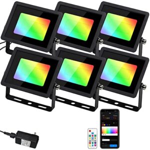 hitish led flood lights outdoor, smart rgb color changing floodlight with multi scene modes & music modes, ip66 waterproof landscape lights with smart app & voice control for patio garden yard, 6 pack