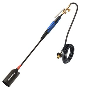 flame king propane torch kit heavy duty weed burner, 500,000 btu with push button piezo ignitor (self igniting) , with 10-ft hose regulator assembly