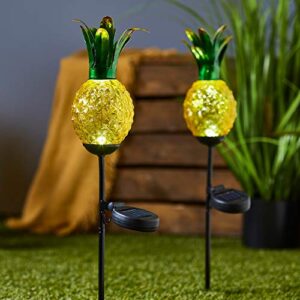 Lights4fun, Inc. Set of 2 Glass Pineapple Solar Powered LED Outdoor Waterproof Garden Pathway Landscape Lights