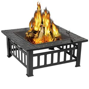 nouva 32” outdoor firepit square fire pit table with waterproof cover wood burning for outside backyard,garden, patio, terrace,camping,barbecue