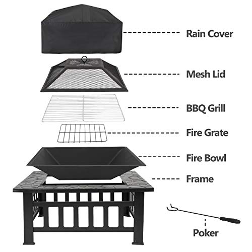 Nouva 32'' Outdoor Firepit Square Fire Pit Table with Waterproof Cover Wood Burning for Outside Backyard,Garden, Patio, Terrace,Camping,Barbecue