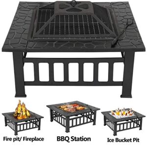 Nouva 32'' Outdoor Firepit Square Fire Pit Table with Waterproof Cover Wood Burning for Outside Backyard,Garden, Patio, Terrace,Camping,Barbecue