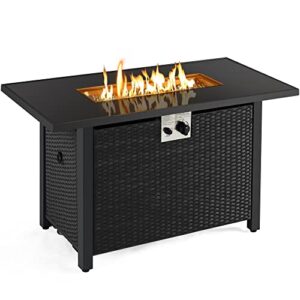 topeakmart 43’’ outdoor gas fire pit 50,000 btu propane fire pits with tempered glass tabletop, rattan wicker base and fire glass stones for patio/garden/party, 2 in 1 fire table for outdoor heating