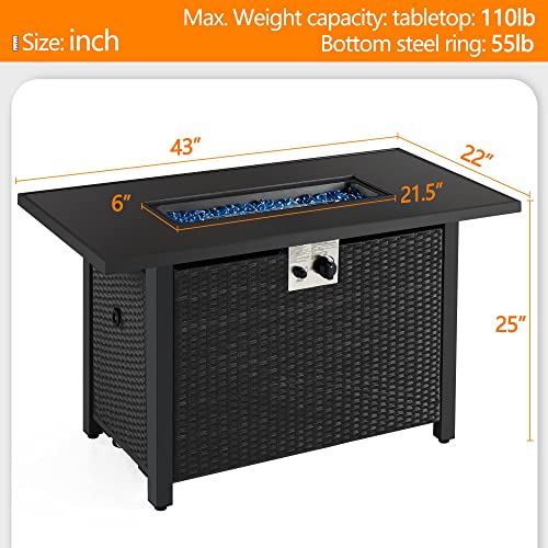 Topeakmart 43’’ Outdoor Gas Fire Pit 50,000 BTU Propane Fire Pits with Tempered Glass Tabletop, Rattan Wicker Base and Fire Glass Stones for Patio/Garden/Party, 2 in 1 Fire Table for Outdoor Heating