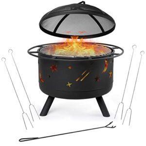 birdrock home 30″ round patio fire pit with cover – stars & moon pattern – 30 – outdoor backyard lawn garden – light weight metal fire ring – 4 roasting sticks – lid lift tool and fire poker