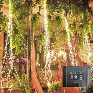 220led upgrade solar fairy lights outdoor waterproof,11 strand solar firefly bunch lights with 8 flashing modes solar waterfall lights, solar watering can lights garden tent string light (warm white)