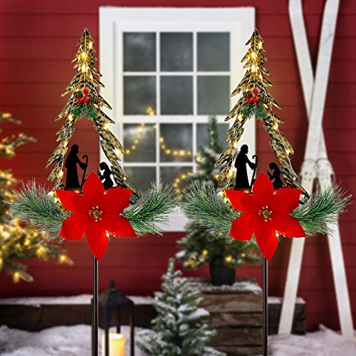 FORUP Christmas Pathway Lights, Outdoor LED Solar Powered Xmas Trees Pathway Lights, Metal Garden Stake Lights, Poinsettia Solar Christmas Yard Decorations, Set of 2