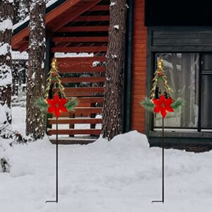 FORUP Christmas Pathway Lights, Outdoor LED Solar Powered Xmas Trees Pathway Lights, Metal Garden Stake Lights, Poinsettia Solar Christmas Yard Decorations, Set of 2