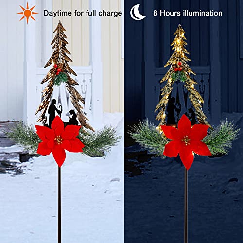 FORUP Christmas Pathway Lights, Outdoor LED Solar Powered Xmas Trees Pathway Lights, Metal Garden Stake Lights, Poinsettia Solar Christmas Yard Decorations, Set of 2