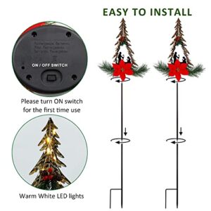 FORUP Christmas Pathway Lights, Outdoor LED Solar Powered Xmas Trees Pathway Lights, Metal Garden Stake Lights, Poinsettia Solar Christmas Yard Decorations, Set of 2