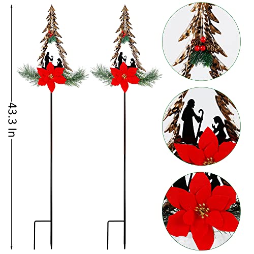 FORUP Christmas Pathway Lights, Outdoor LED Solar Powered Xmas Trees Pathway Lights, Metal Garden Stake Lights, Poinsettia Solar Christmas Yard Decorations, Set of 2