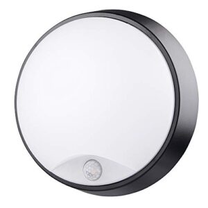 10w led 4000k ip54 flush wall ceiling mounted round circular bulkhead light fitting with motion sensor pir for indoor,outdoor,bath,office,hallway,corridor,utility,garden,shed,workshop, black 4000k